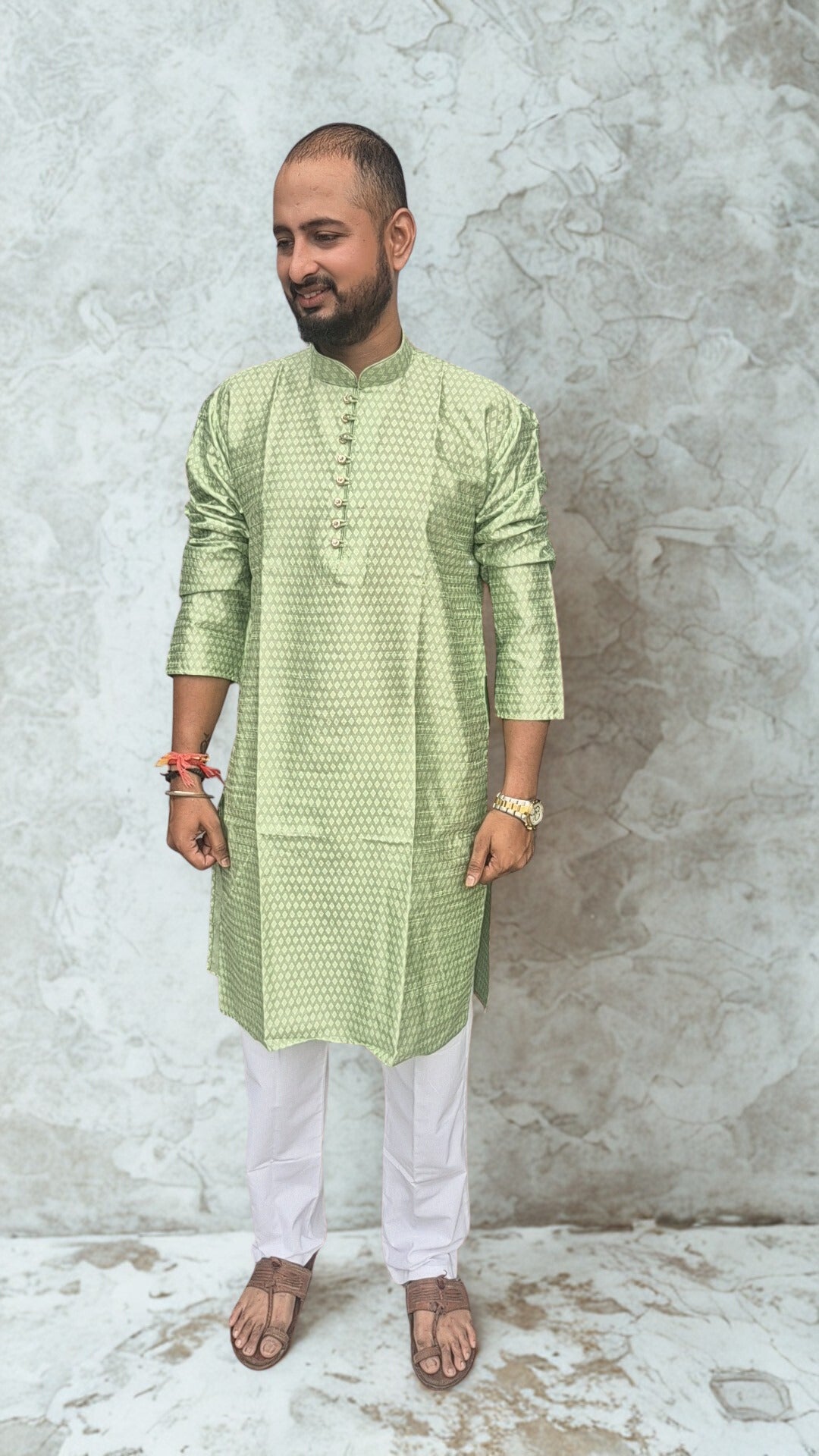 Men's Silk Woven Design Straight Kurta With Trouser Set
