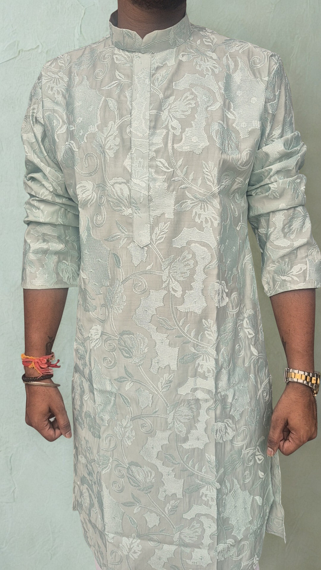 Men's Floral Woven Design Straight Kurta With Trouser Set