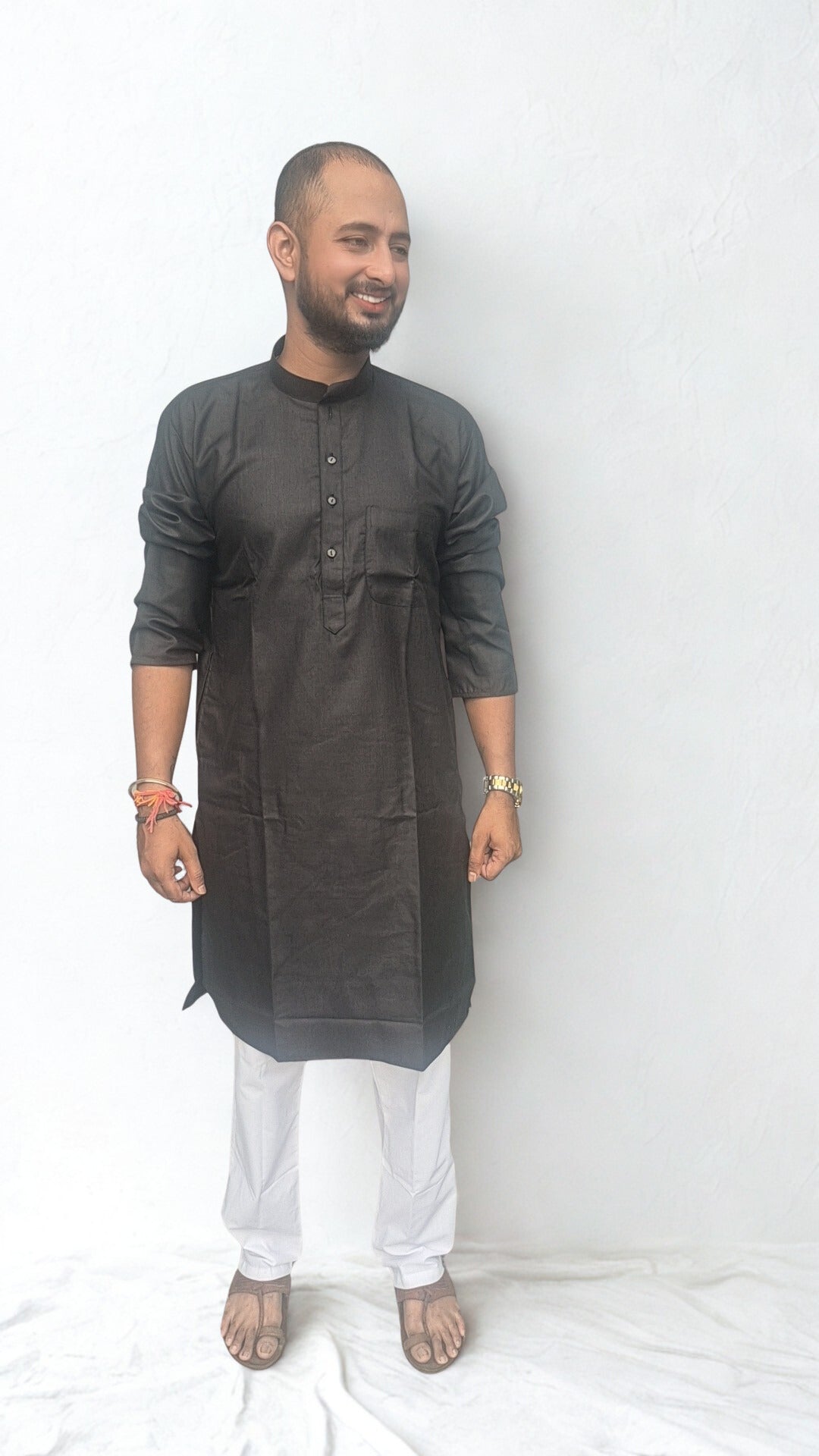 Men's Mandarin Collar Straight Black Kurta With Pyjamas