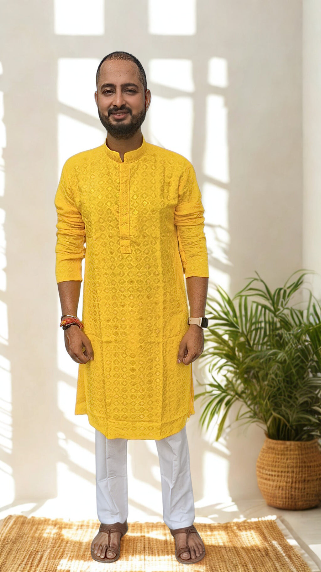Men's Yellow Geometric Embroidered Sequinned Kurta with Pyjamas