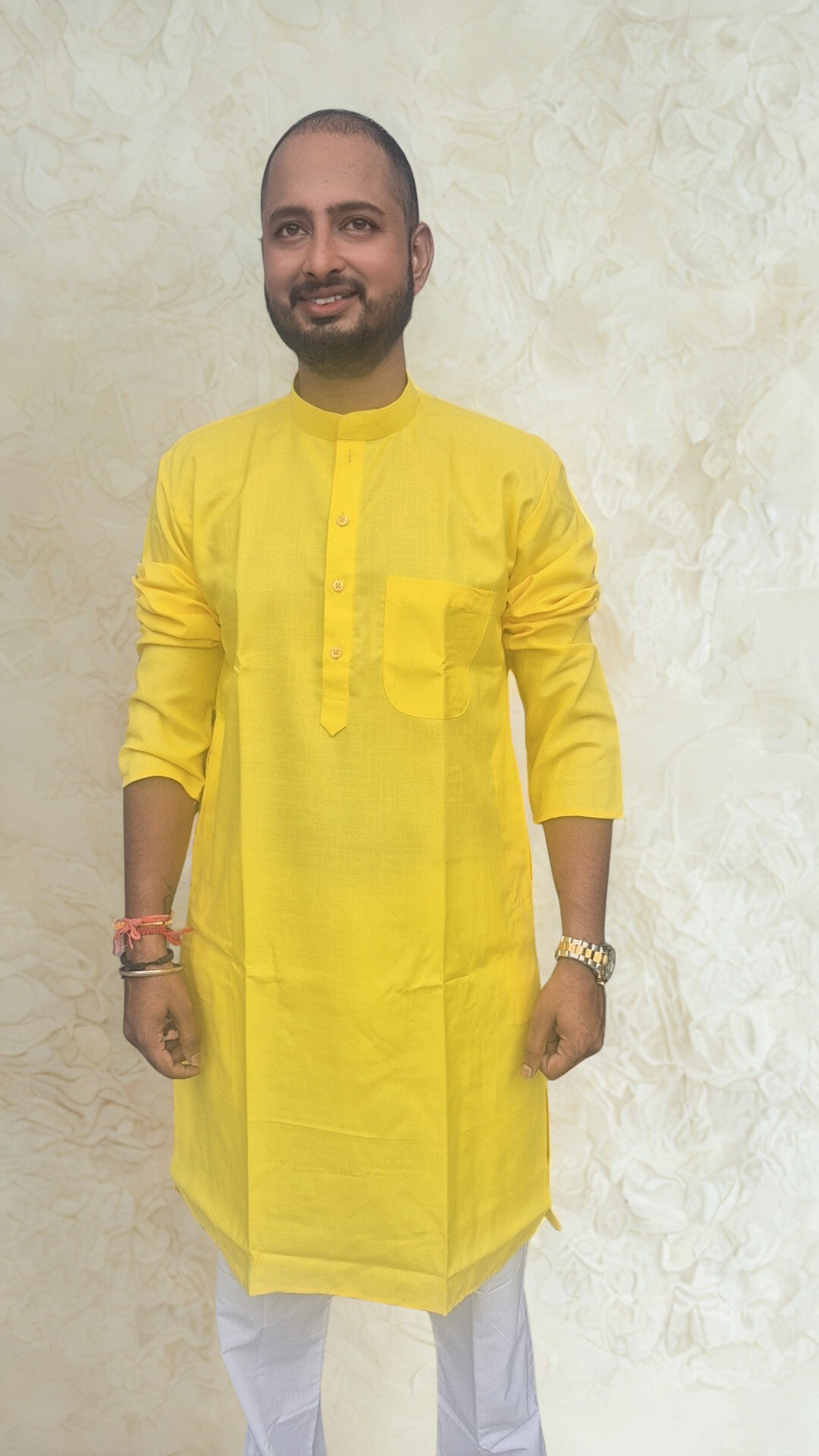 Men's Solid Yellow Cotton Kurta with Pyjamas