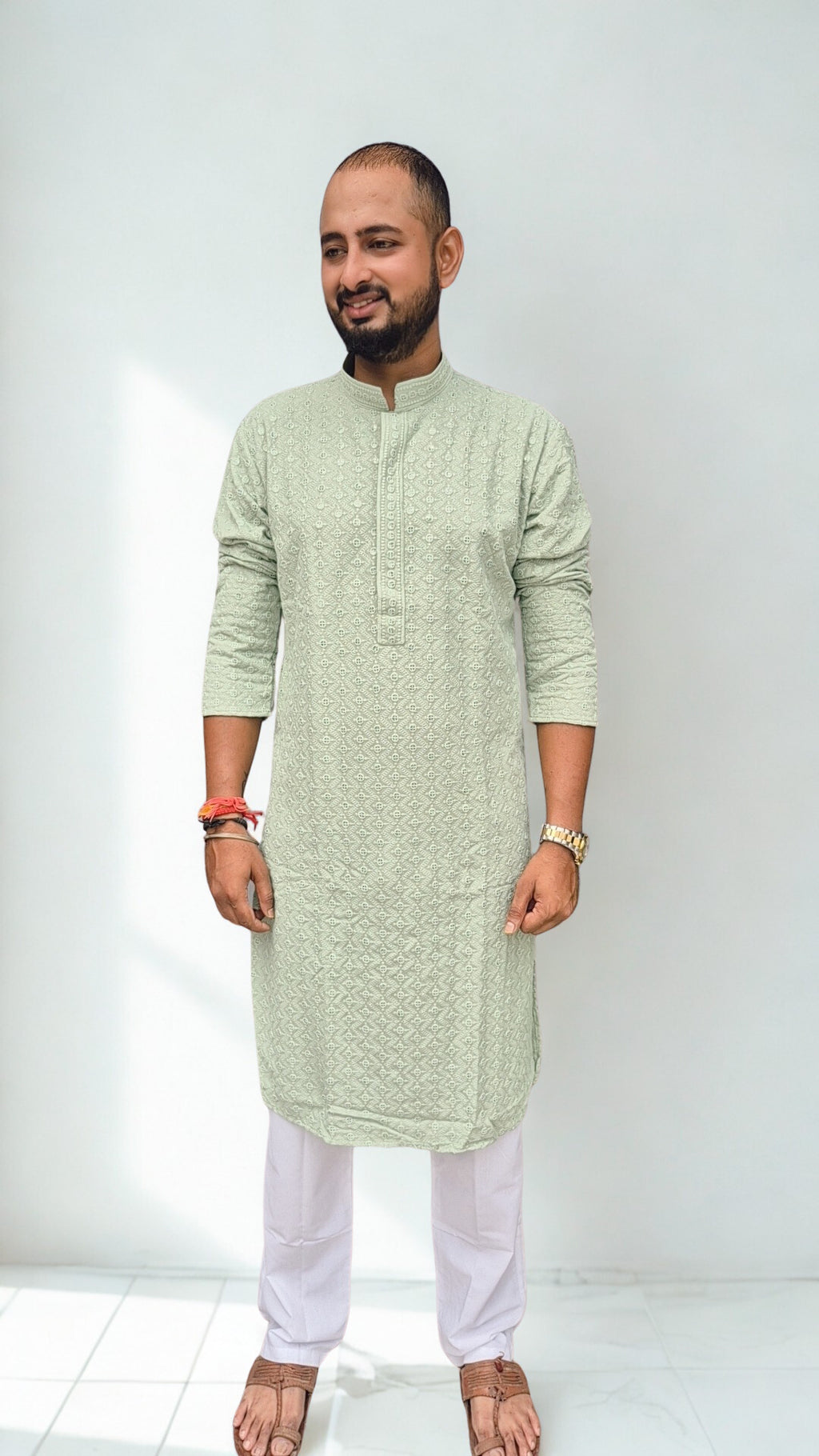 Men's Light Pista Green Geometric Embroidered Sequinned Kurta with Trouser
