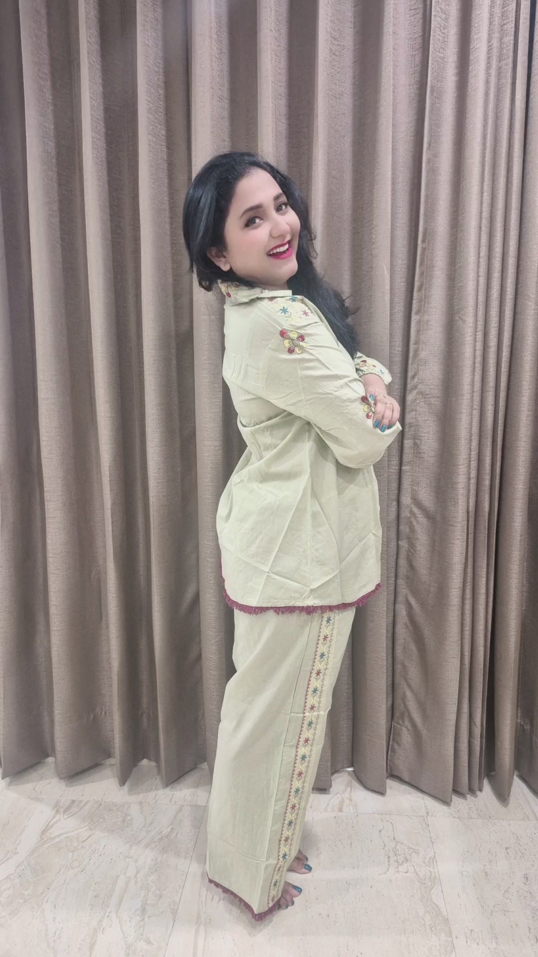 Women Cotton Embroidered Top With Palazzos (Co-Ord Set)